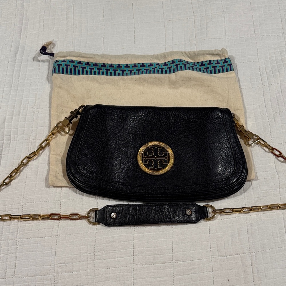 Tory Burch Black Leather Crossbody with Gold Chain